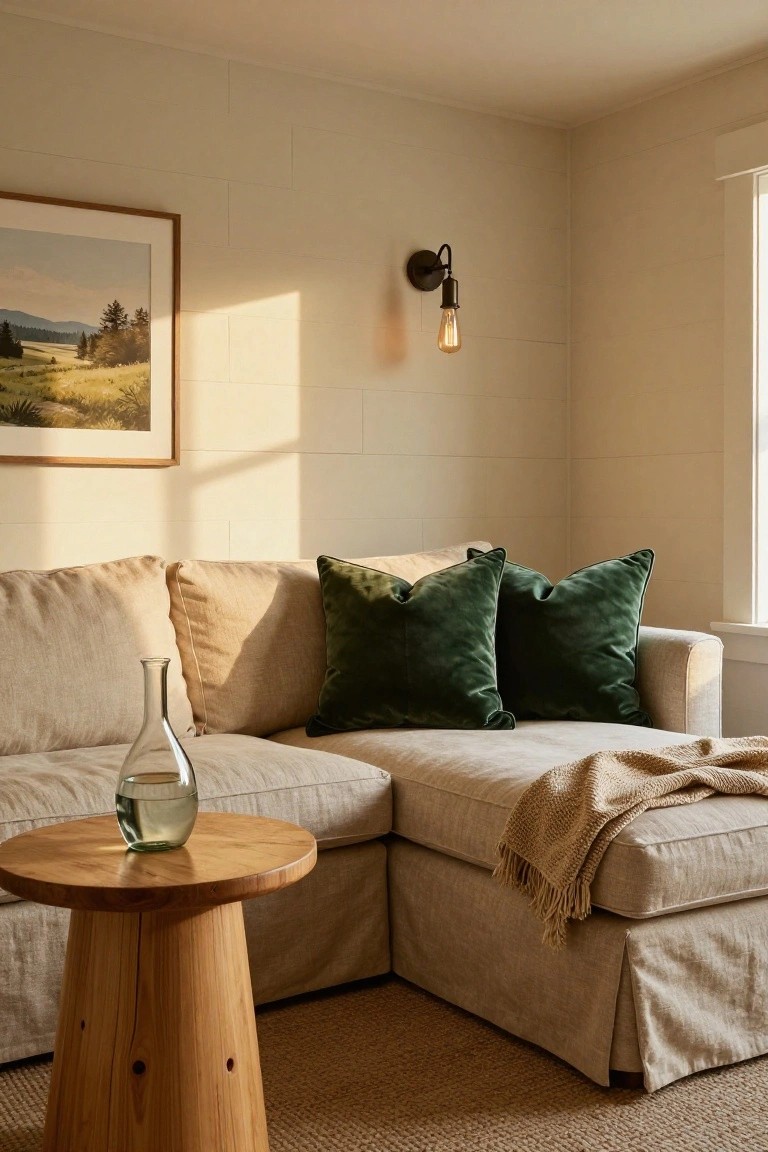 L-shaped beige linen sofa with two large green velvet cushions and a beige throw, next to a round wooden stool holding a glass carafe with water, on a seagrass rug in a light neutral room with wood plank walls, a landscape painting, and a wall sconce.