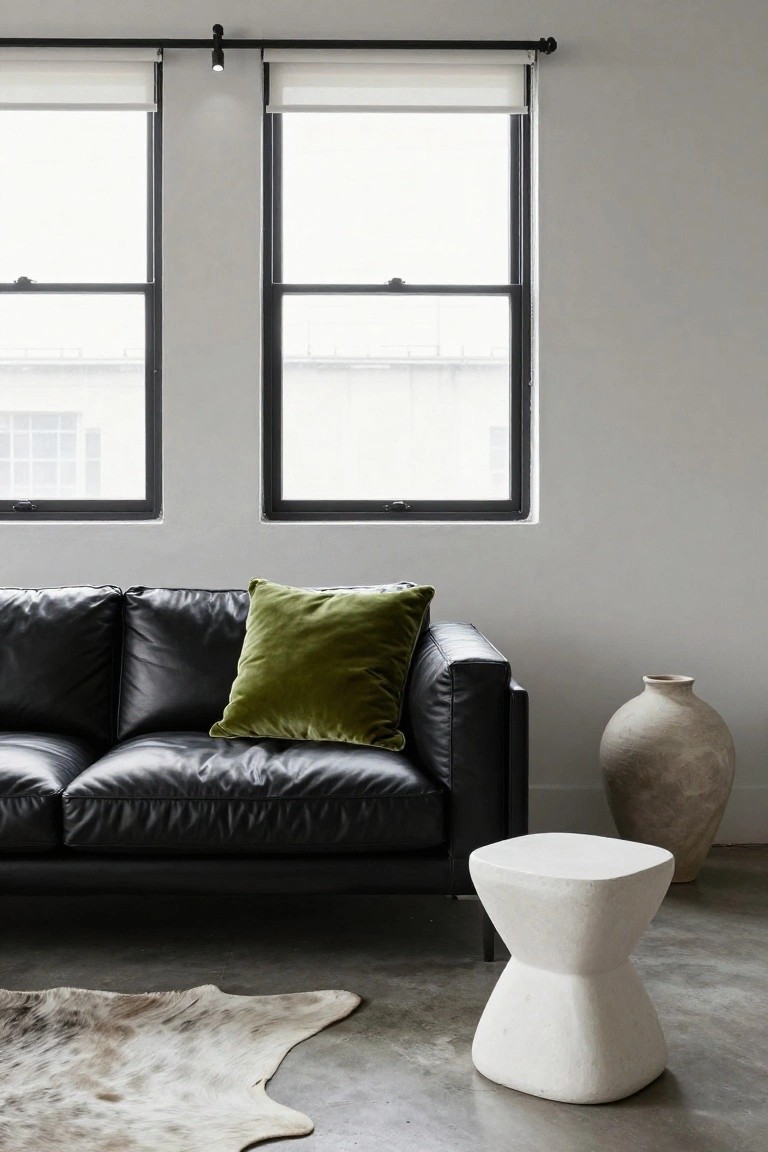 Modern living room interior with black leather sofa holding a green velvet cushion, white square stool, large terracotta vase, cowhide rug on concrete floor, large black-framed windows with white blinds, and white walls.