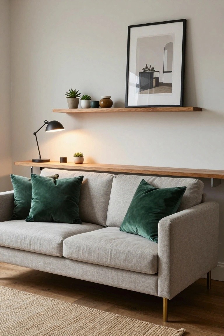 Light gray two-seater sofa with four plump green velvet cushions sits under floating oak shelves displaying potted plants, pottery, and a black desk lamp on a lower shelf, in a bright room with beige walls and hardwood floors.