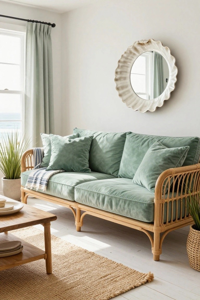 Light interior room with a two-seater sofa upholstered in pale green velvet on rattan frame, multiple matching cushions, striped throw blanket, wooden coffee table with plates, potted plants, seagrass rug, scalloped mirror on wall, and window with sea view.