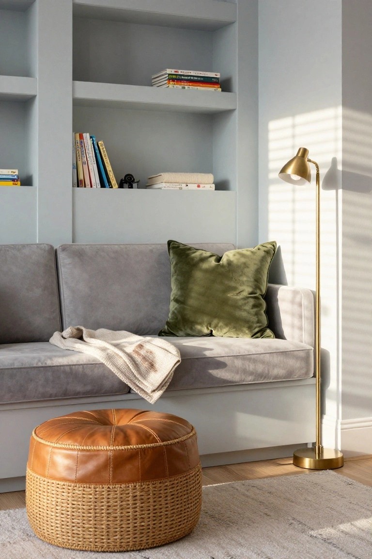 Light gray velvet sofa with green velvet pillow and beige throw in a room with built-in bookshelves stocked with books, gold floor lamp, tan leather pouf, and beige wicker stool on light striped rug and wood floor.