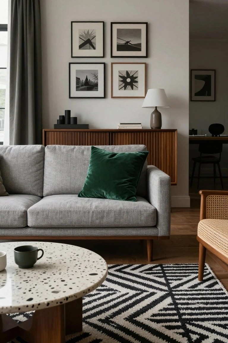 A light gray modern sofa with a large emerald green velvet cushion in a living room featuring a wooden credenza, terrazzo coffee table, black and white zigzag rug, and framed black and white artwork on white walls.