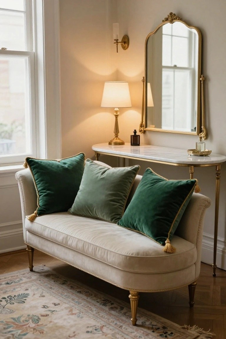 Cream-colored curved chaise lounge with multiple green velvet pillows in the corner of a room next to a gold-framed mirror, marble console table, lamps, and window.