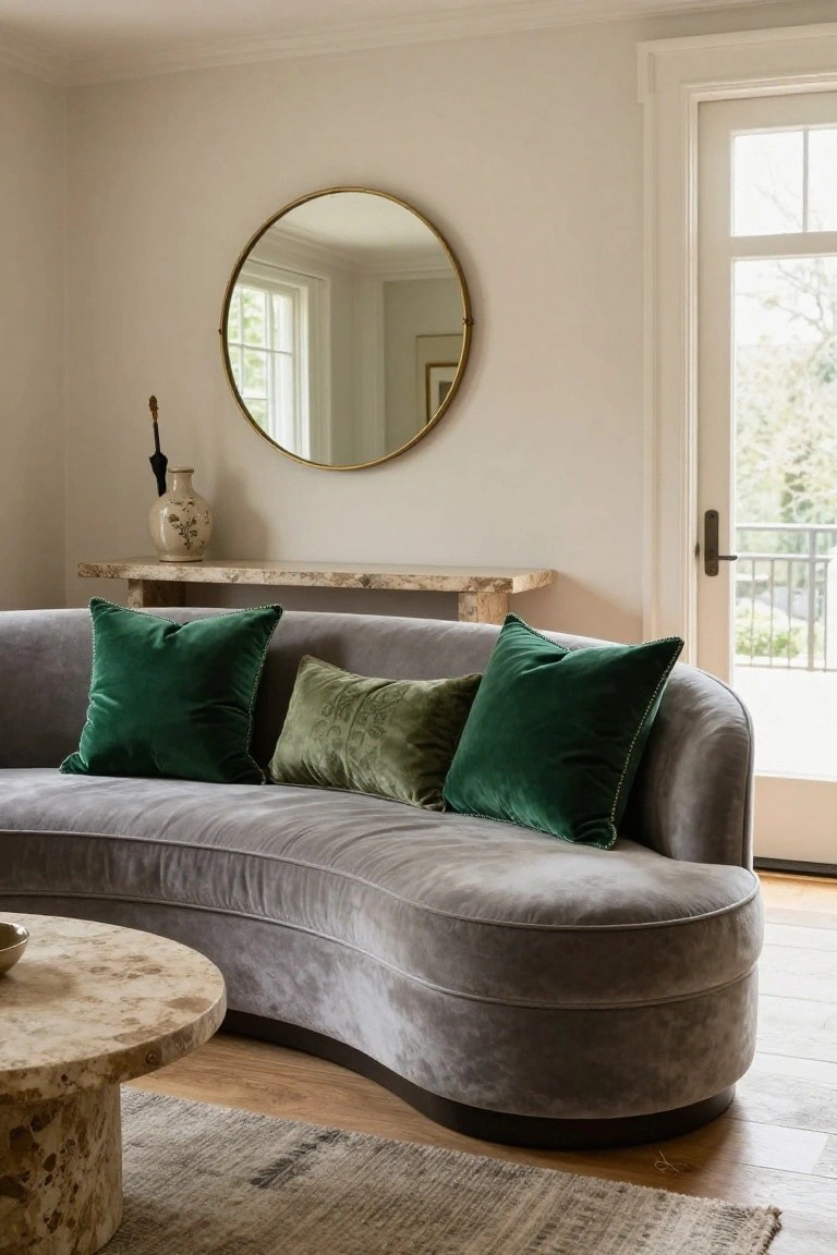 Curved gray velvet sofa with multiple green velvet pillows in a light beige room featuring a gold round mirror, wood console table with vase, and glass door to balcony.