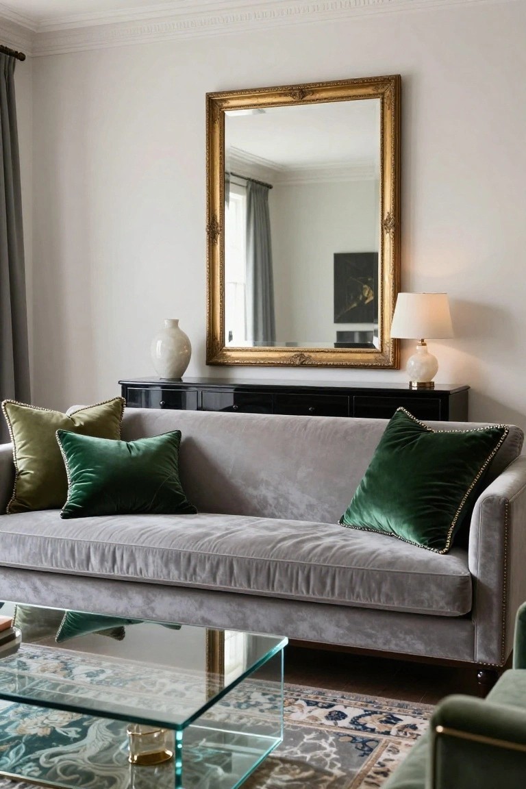 Elegant gray velvet sofa with green pillows beneath an ornate gold mirror.