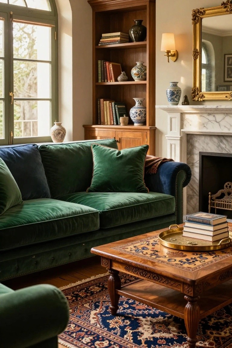 Living room interior with a green velvet tufted sofa in front of a white marble fireplace, wooden bookshelves filled with books and vases, brass-accented coffee table, and arched green window.