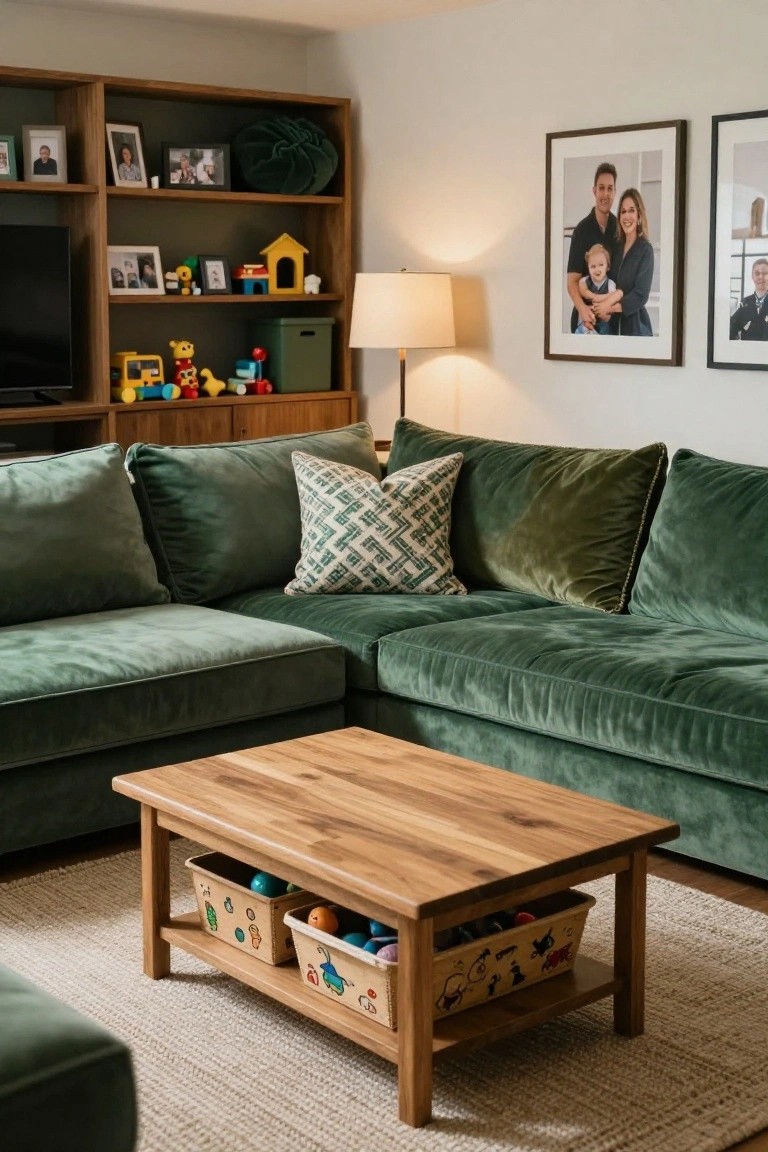Green velvet L-shaped sectional sofa in a living room with wooden coffee table holding toy bins, bookshelves stocked with toys and family photos, table lamp, and framed family portraits on walls.