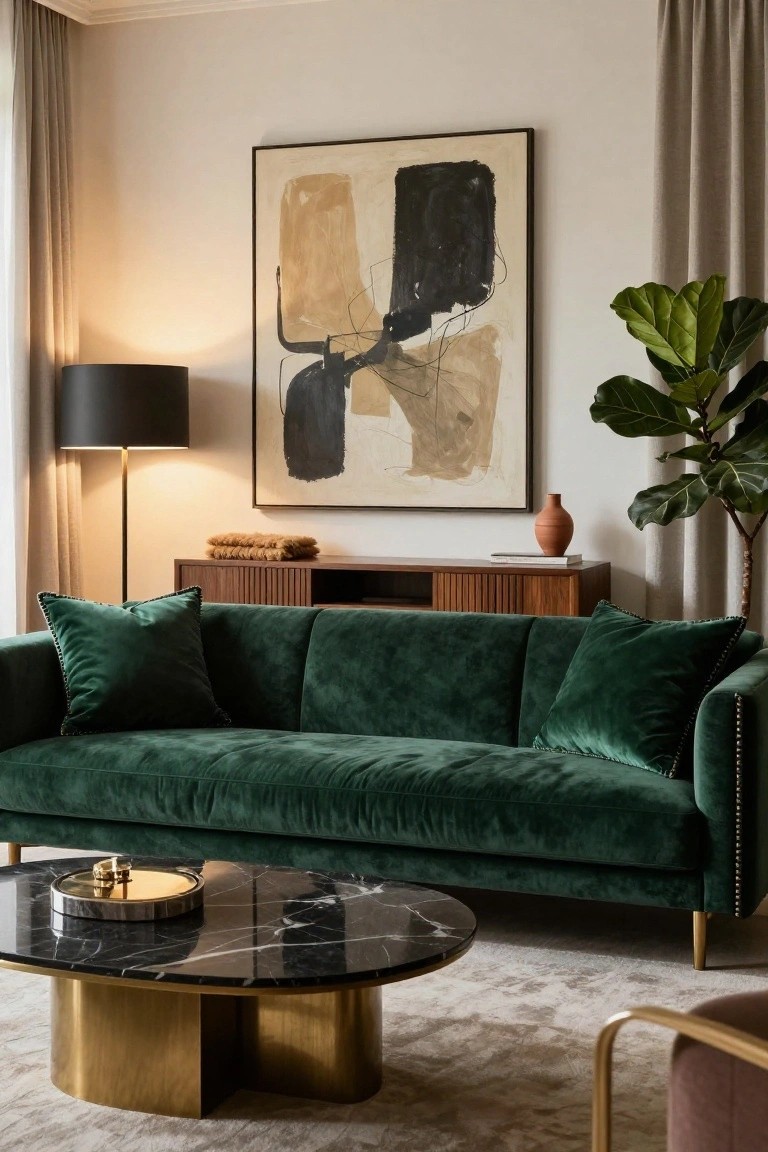 Living room with emerald green velvet sofa, round black marble coffee table on brass pedestal base, slatted walnut sideboard holding books and vase, black floor lamp, large abstract tan and black painting, fiddle leaf fig plant, and beige curtains.