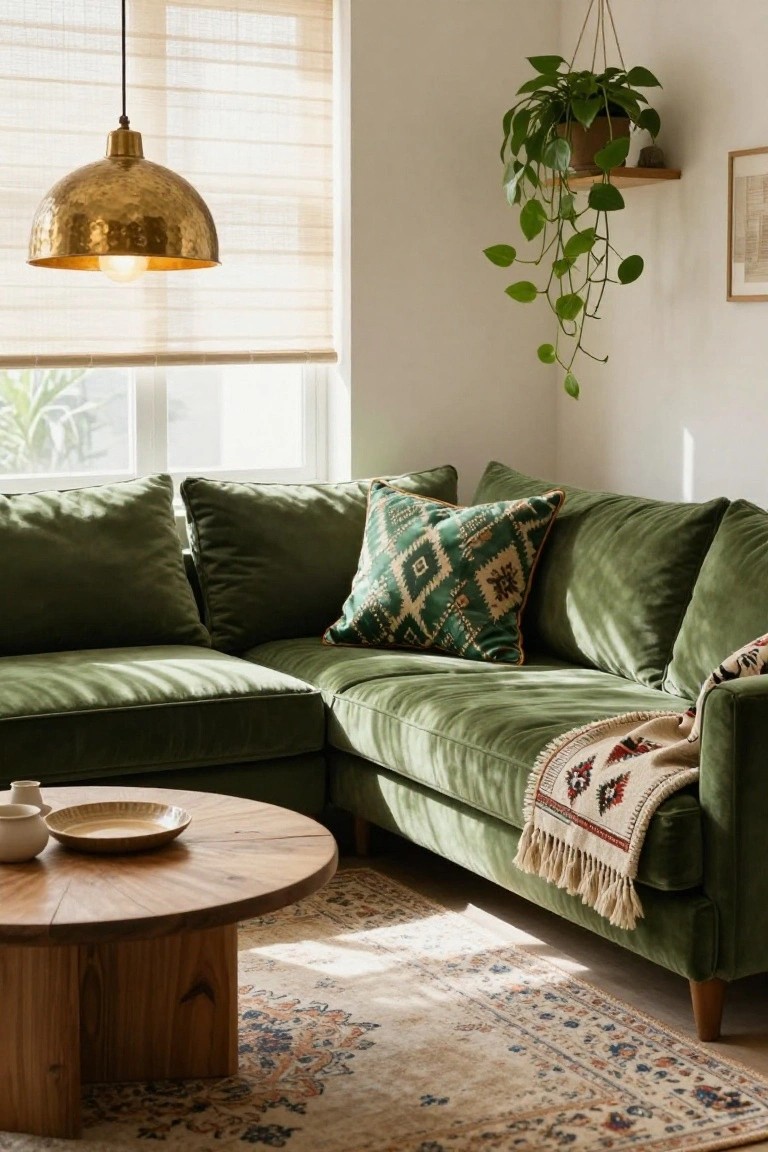 Sunlit corner of a living room featuring an L-shaped green velvet sofa with geometric patterned pillows, a fringed woven throw draped over the arm, wooden coffee table, and patterned rug.