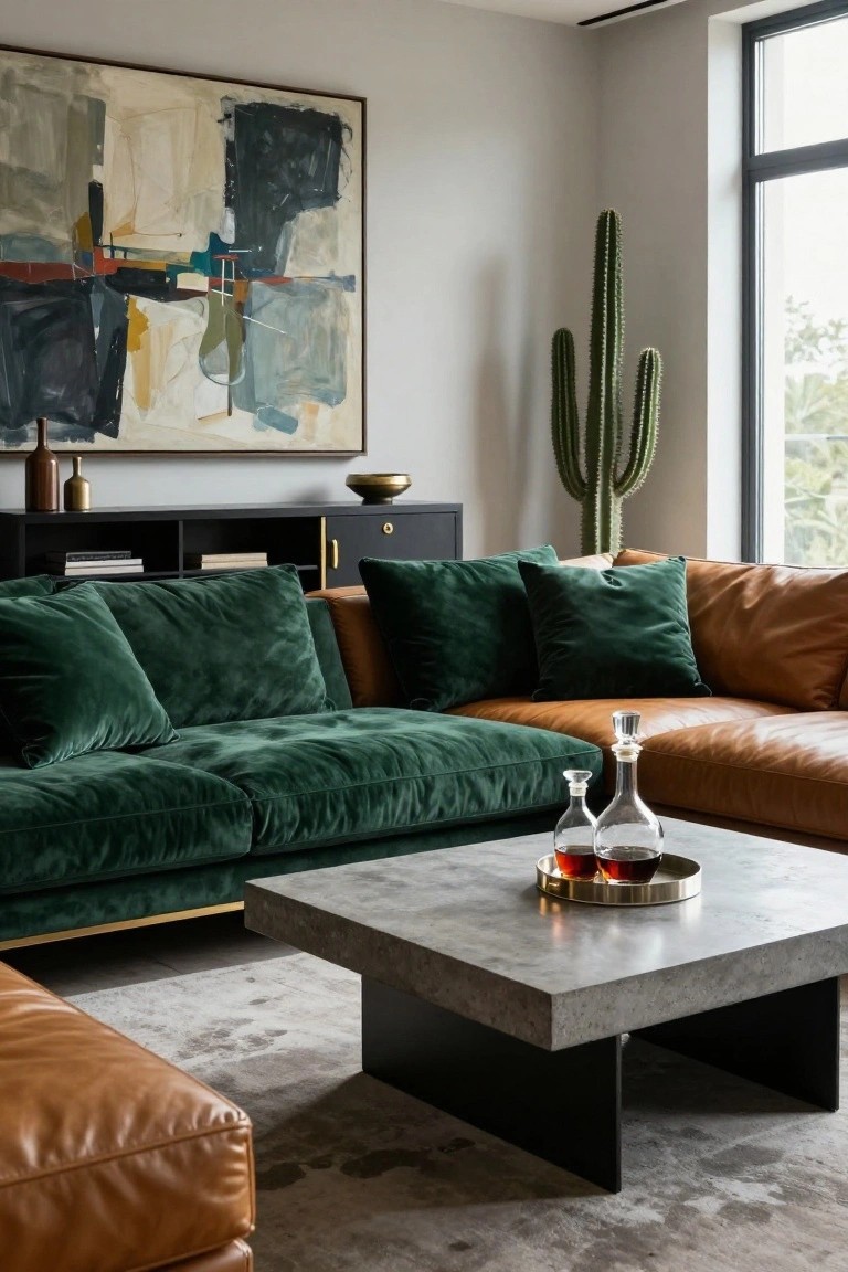 L-shaped sectional sofa in green velvet and tan leather in a modern living room with concrete coffee table holding a decanter and glasses, black credenza with books and bowl, abstract painting on wall, potted cacti, and large window.