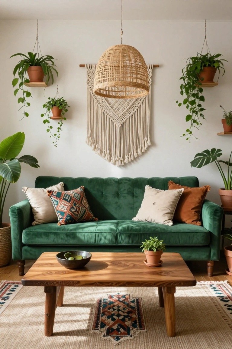 A living room with a green velvet tufted sofa, macrame wall hanging, rattan pendant light, multiple hanging and potted plants on white walls, wooden coffee table holding a bowl of limes, and a patterned rug on wood floors.