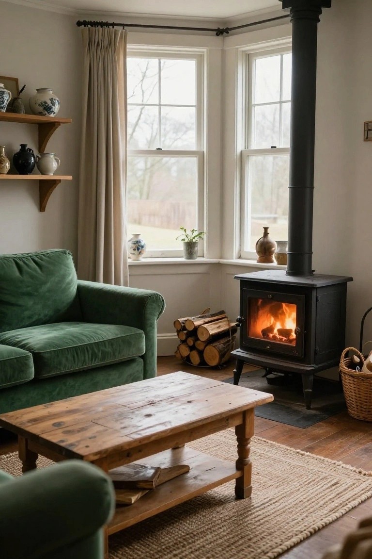 A green velvet sofa in a living room corner facing a lit wood-burning stove, with a wooden coffee table, stacked logs, shelves of pottery, and large windows with beige curtains.