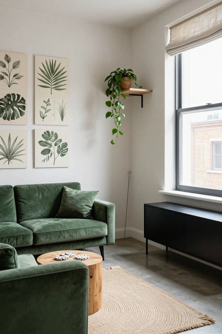 Living room corner with emerald green velvet L-shaped sofa, four framed green botanical leaf prints on white wall, trailing potted plant on wood shelf by large window with linen roman shade, black credenza, wood stump side table with white coasters, and seagrass rug on concrete floor.