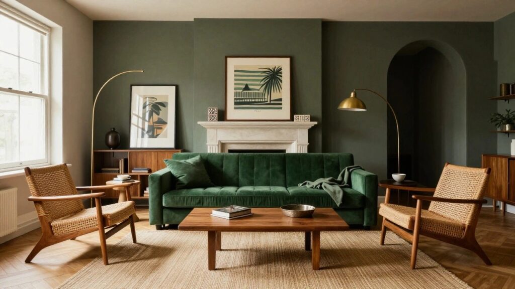 21 Green Velvet Sofa Living Room Ideas That Steal the Spotlight Living room with emerald green velvet tufted sofa against pale sage green walls, gold arched floor lamp, rattan armchair, wooden coffee table, seagrass rug, and white fireplace on oak parquet floors.