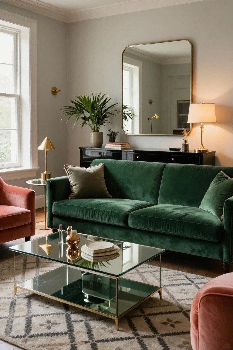 Living room interior with green velvet sofa, pink armchair, brass lamps, glass and brass coffee table, black credenza, large arched mirror, plants, and patterned rug on light wood floors with gray walls.