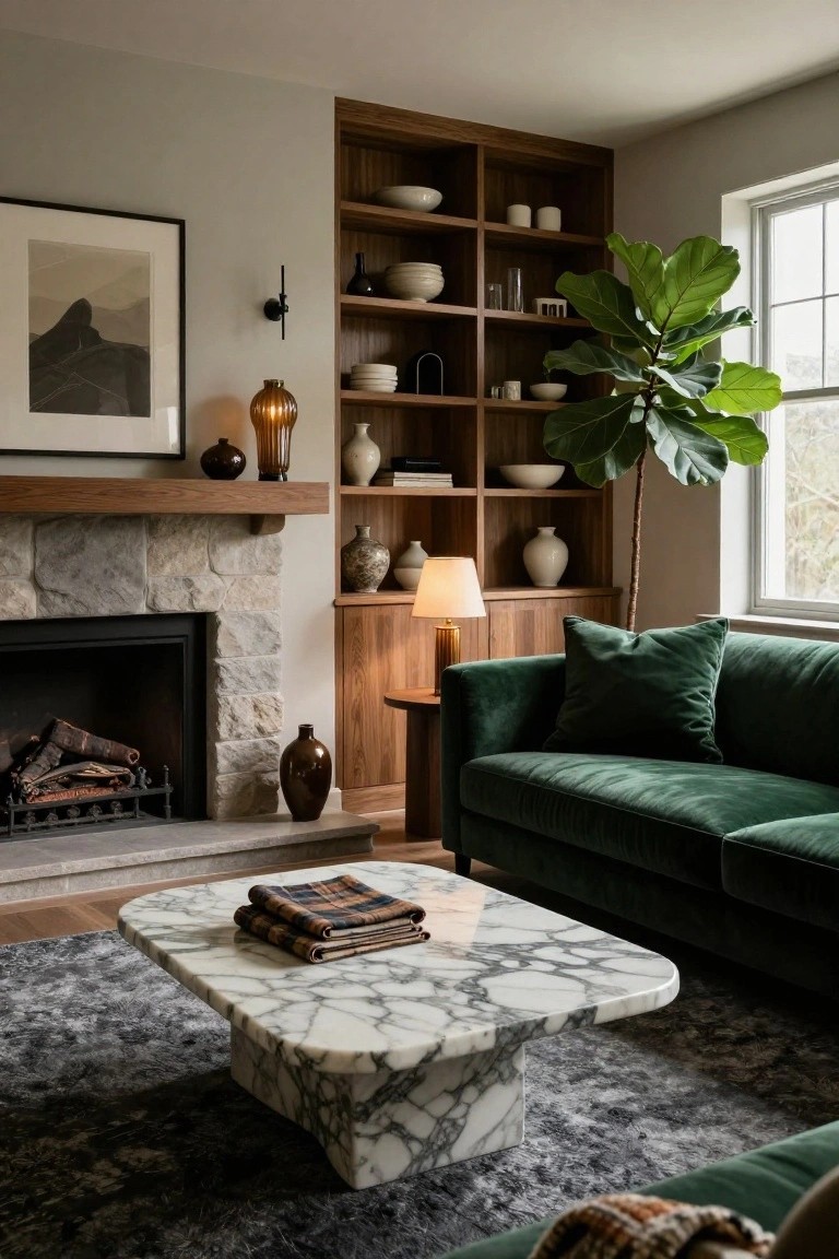 Living room with green velvet sofa near stone fireplace, wood built-in shelving with ceramics and vases, low white marble coffee table on dark rug, and large green plant by window.