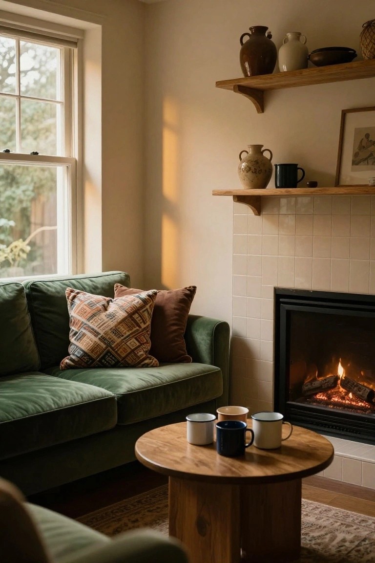 Living room with green velvet sofa near black fireplace, round wooden coffee table holding four enamel mugs, wooden shelves with pottery and vases, and large window showing trees outside.