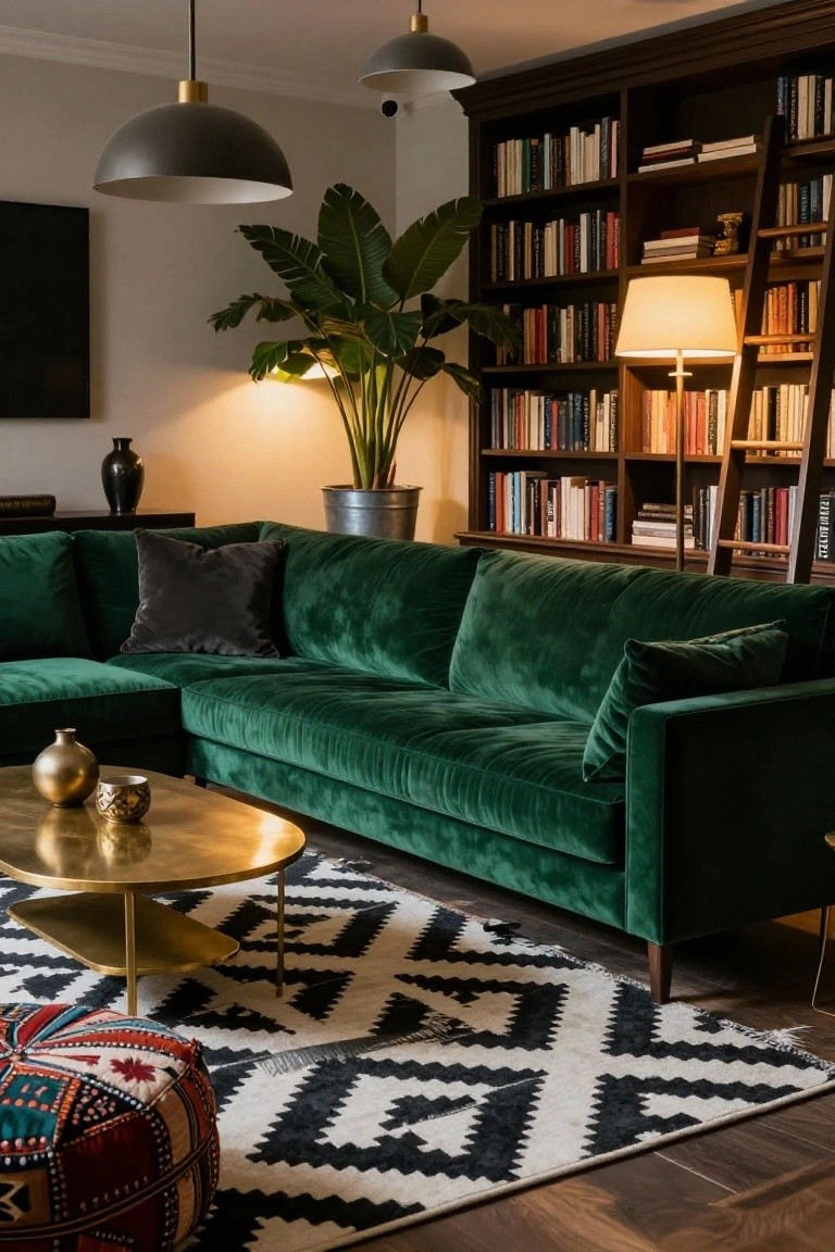 A green velvet L-shaped sofa sits in a living room with tall wooden bookshelves filled with books, a large potted plant in a metal container, brass coffee table, black and white patterned rug, and warm lighting from pendants and lamps.