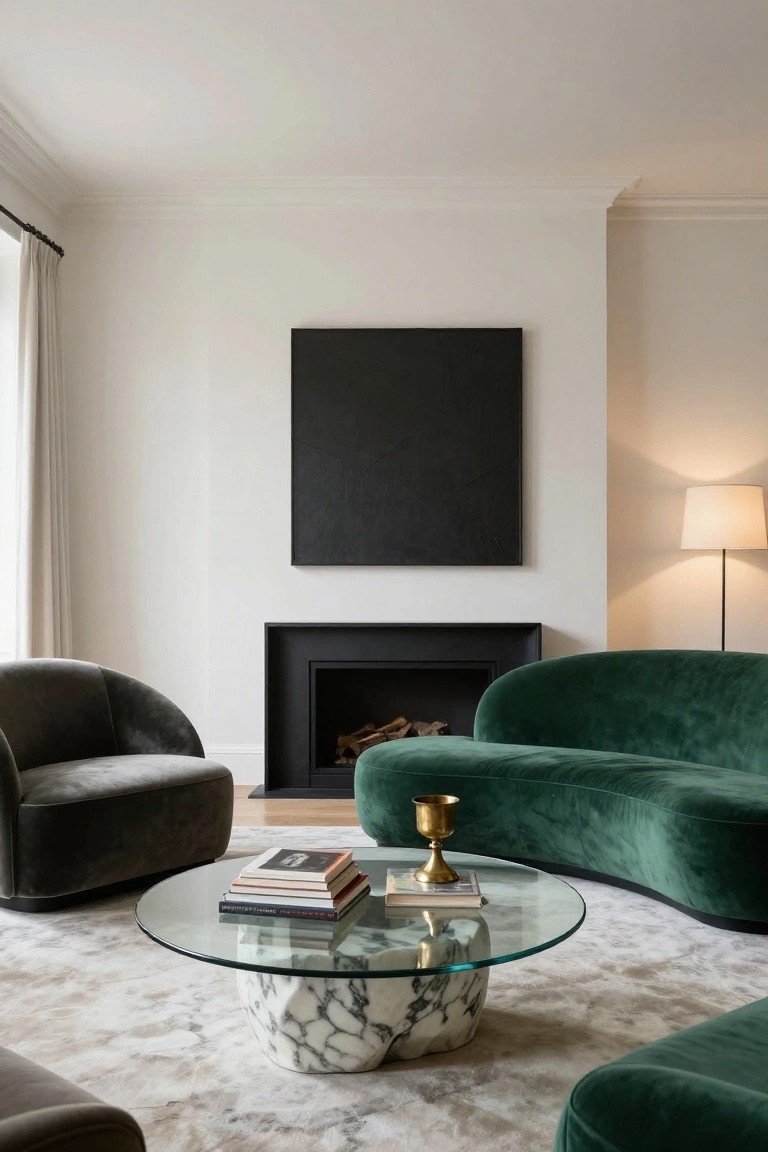 Living room with curved green velvet sofa, two gray velvet armchairs, glass-topped white marble coffee table holding books and gold chalice, black fireplace with logs, black abstract wall art, white lamp, white walls, beige rug, and sheer curtains by window.