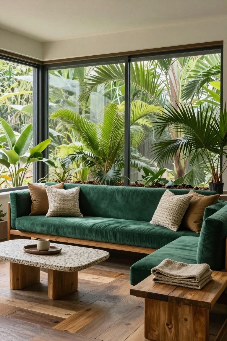 L-shaped emerald green velvet sofa in a bright corner living room with large frameless windows showing tropical plants outside, neutral pillows, wooden coffee table holding a cup and saucer, side tables with throws, potted plants, and light wood flooring.