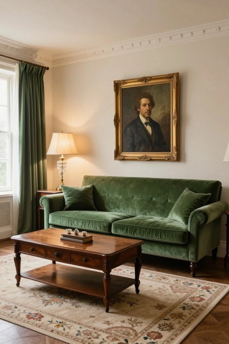 Light beige living room with green velvet tufted sofa, wooden coffee table holding a small book and decorative items, gilded portrait of a man in formal attire on the wall, green curtains at window, side table with lamp, and patterned rug on parquet floor.