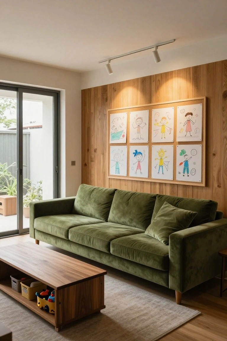 Living room with L-shaped green velvet sofa, wood-paneled accent wall holding framed children's drawings in a grid, wooden coffee table storing toys, and glass sliding doors opening to a garden patio.