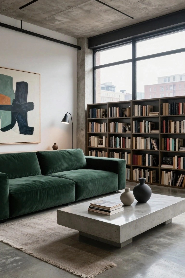 Living room in an industrial loft with large green velvet L-shaped sofa, low rectangular concrete coffee table holding books and ceramic vases, tall wooden bookshelves filled with books, abstract geometric painting on wall, black floor lamp, large windows with city view, polished concrete floor and ceiling.