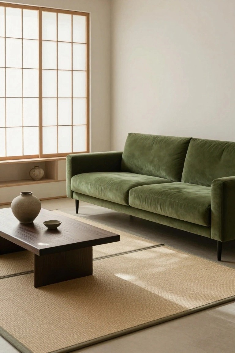 Green velvet L-shaped sofa in a minimalist living room with shoji screen windows, low wooden coffee table with ceramic vases and bowl, built-in shelf with vase, and beige tatami-style rug on light floor.