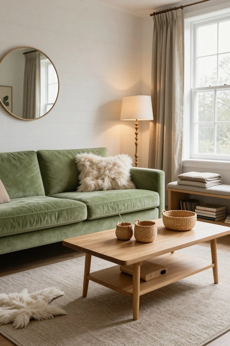 Cozy living room with green velvet sofa, wooden coffee table, and round mirror.
