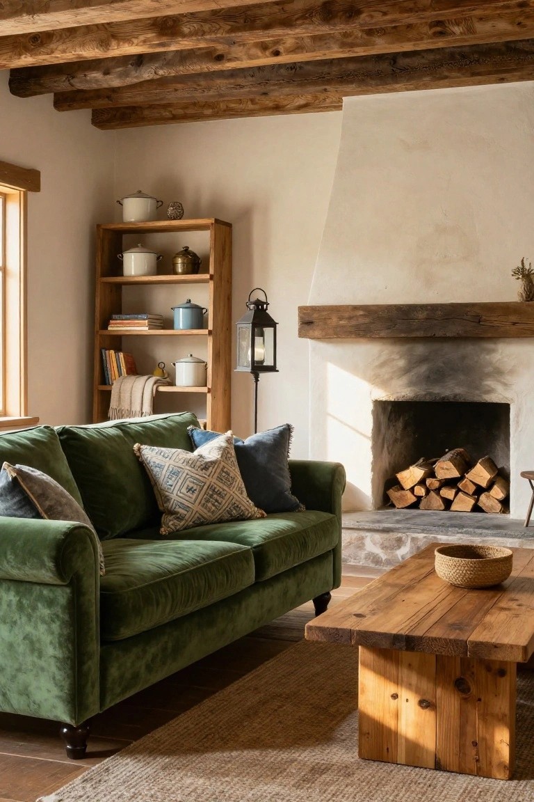 Living room with green velvet tufted sofa, wooden coffee table holding a woven basket, open wooden bookshelves stocked with pottery and books, exposed beam ceiling, white adobe walls, stone fireplace stacked with firewood, and a lantern floor lamp.