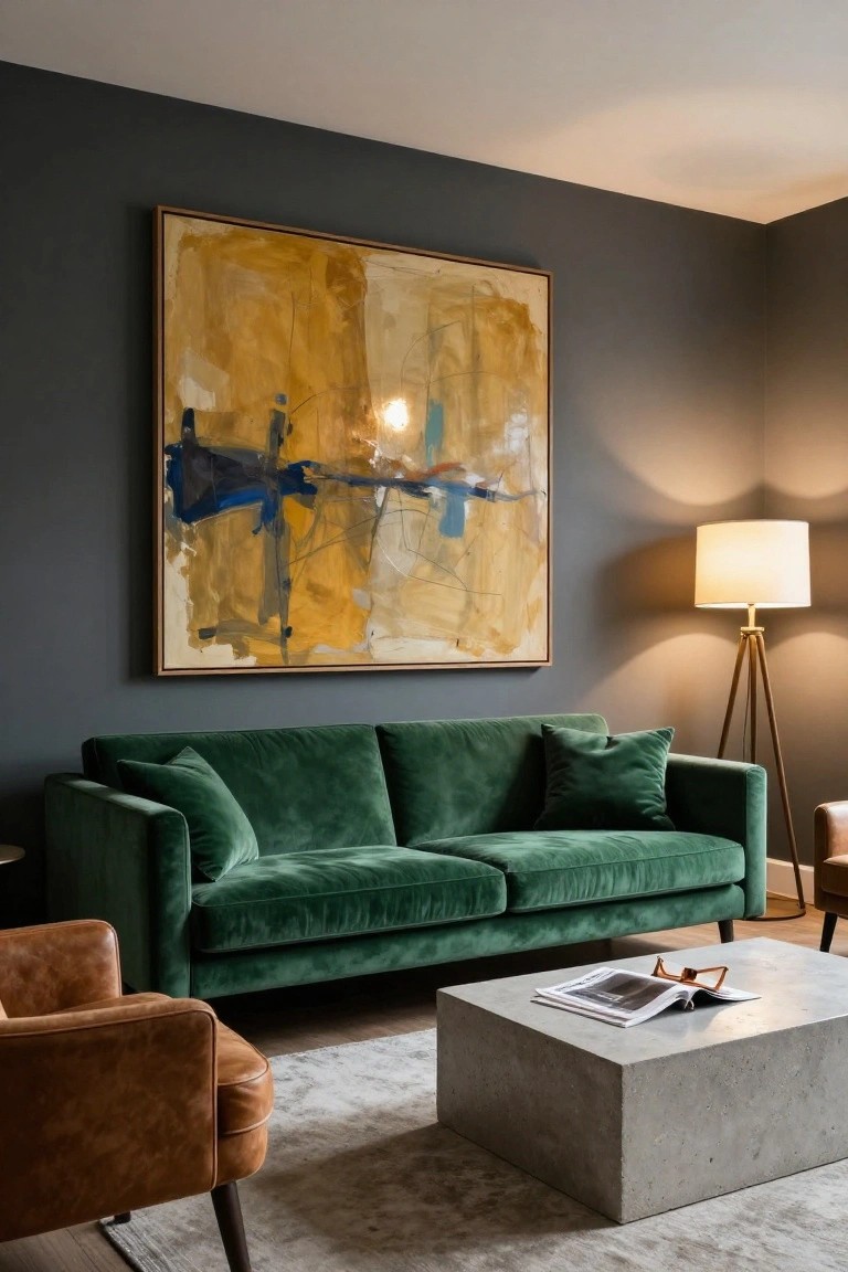 Modern living room with emerald green velvet sofa, tan leather armchair, white concrete coffee table, wood tripod floor lamp, and large framed abstract painting in yellows and blues on dark gray wall.