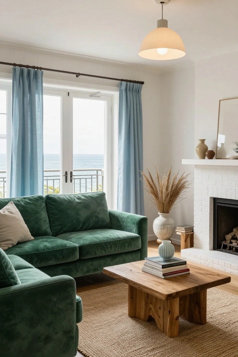 Living room with L-shaped green velvet sofa, wooden coffee table with stacked books, white brick fireplace with potted plants, and French doors with sheer blue curtains overlooking ocean and balcony.