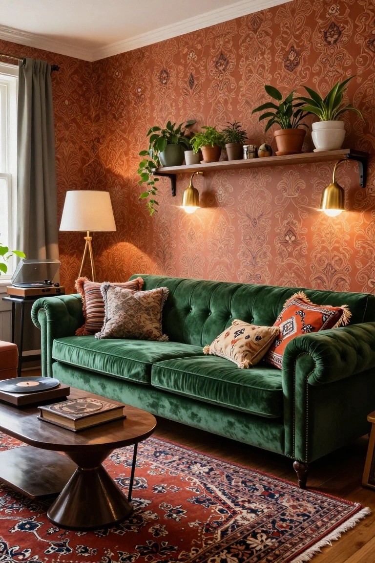 Green velvet tufted sofa in a living room with ornate terracotta patterned walls, wooden shelves holding potted plants, brass sconces and floor lamp, wooden coffee table with books, and red Persian-style rug on wood floor.