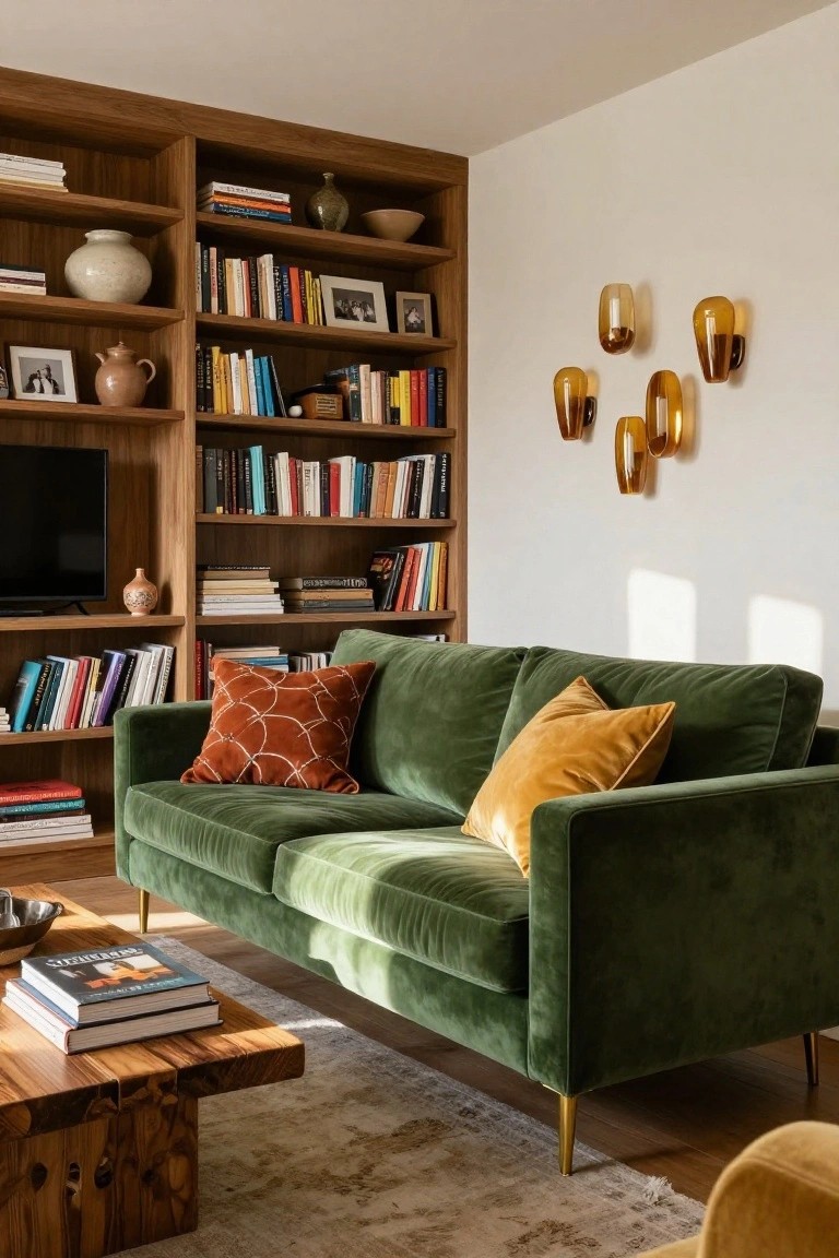 A green velvet sofa positioned in front of tall wooden built-in bookshelves filled with books and ceramics in a sunlit living room with a wooden coffee table and amber wall lights.