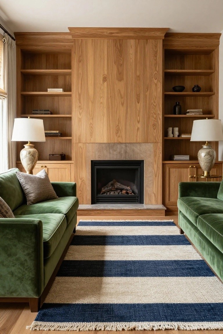 Living room with two facing green velvet sofas on a striped rug in front of a gas fireplace built into tall wooden cabinetry with open bookshelves and ceramic lamps on side tables.