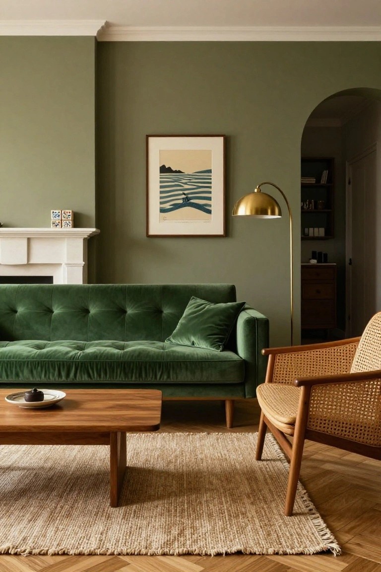 Living room with emerald green velvet tufted sofa against pale sage green walls, gold arched floor lamp, rattan armchair, wooden coffee table, seagrass rug, and white fireplace on oak parquet floors.