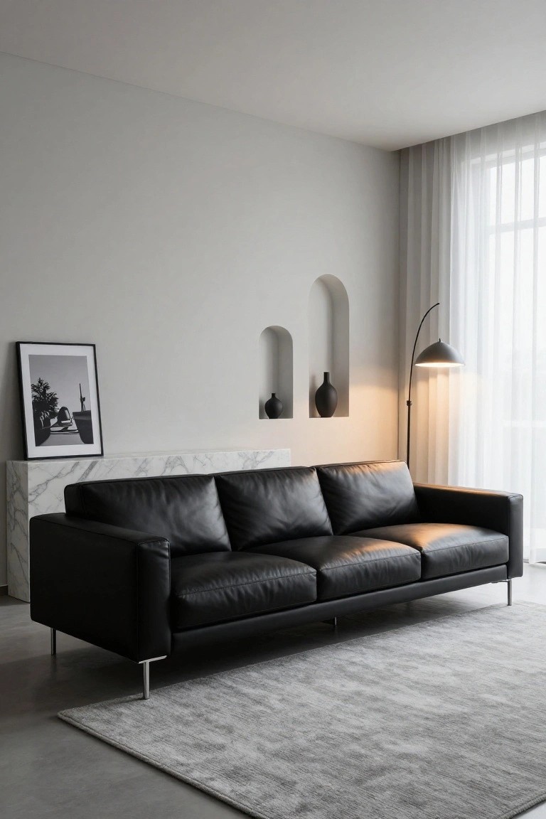 Black leather three-seater sofa in a light gray living room with white marble ledge, arched wall niches, black floor lamp, sheer curtains over windows, and light gray rug on polished concrete floor.