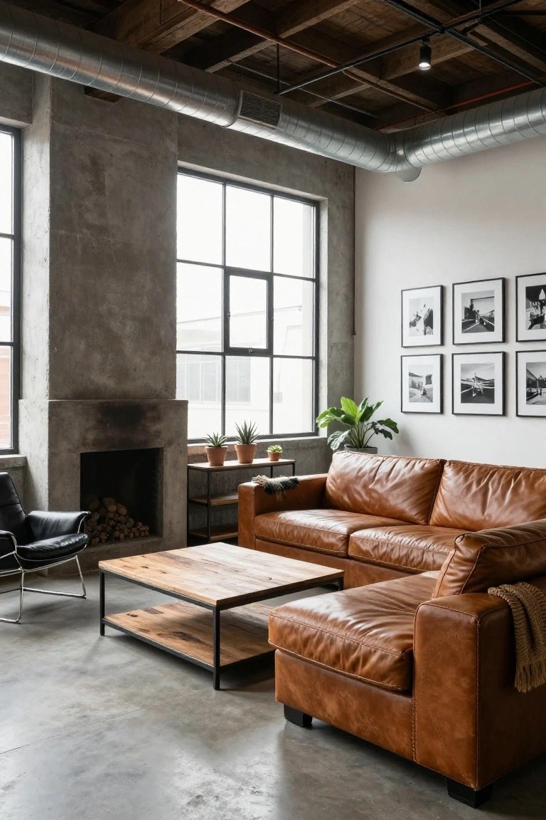Industrial loft living room with brown L-shaped leather sofa, black leather armchair, wooden coffee table, metal shelves with plants, fireplace stacked with logs, large metal-framed windows, exposed ducts and wood beams.