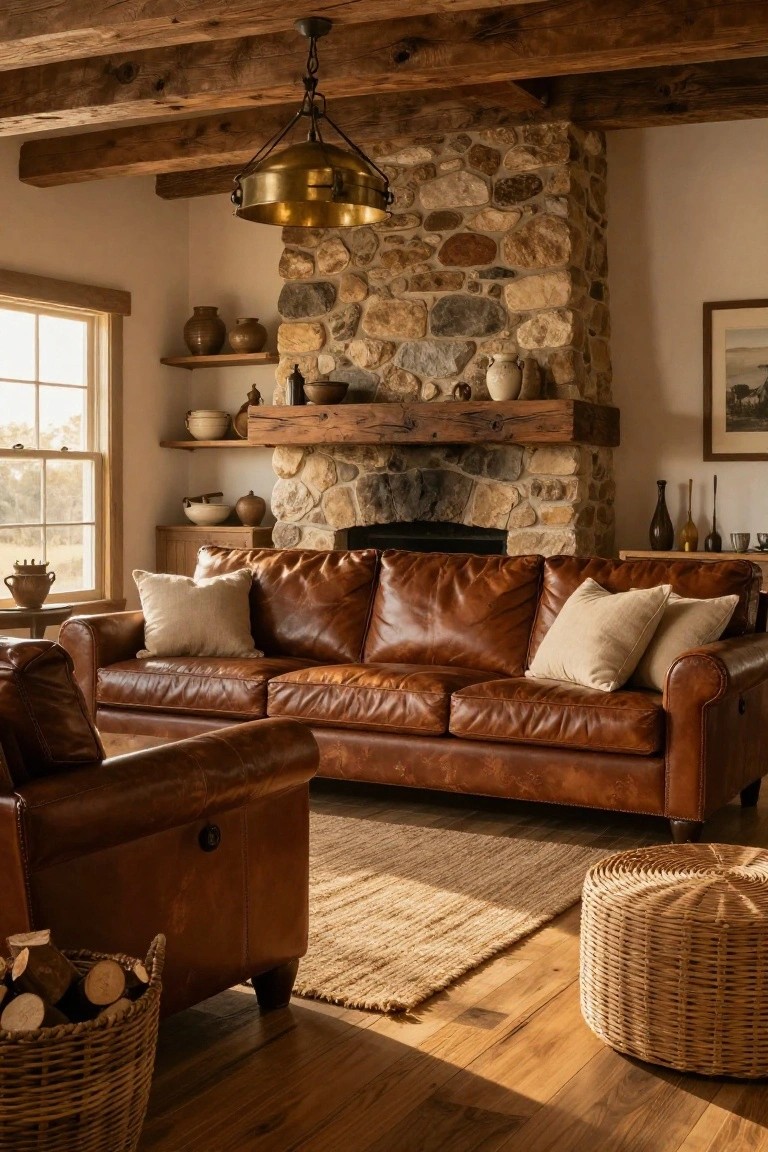 A living room interior with brown leather sofa and armchair facing a stone fireplace, wooden ceiling beams overhead, built-in shelves with pottery, and a wicker log basket nearby.