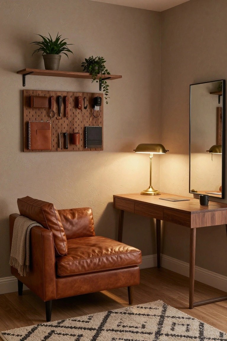 A room corner with tan leather armchair next to wooden desk, brass lamp on desk, black-framed mirror on wall, wooden pegboard organizer with leather items and notebooks, wooden shelf with plants above.