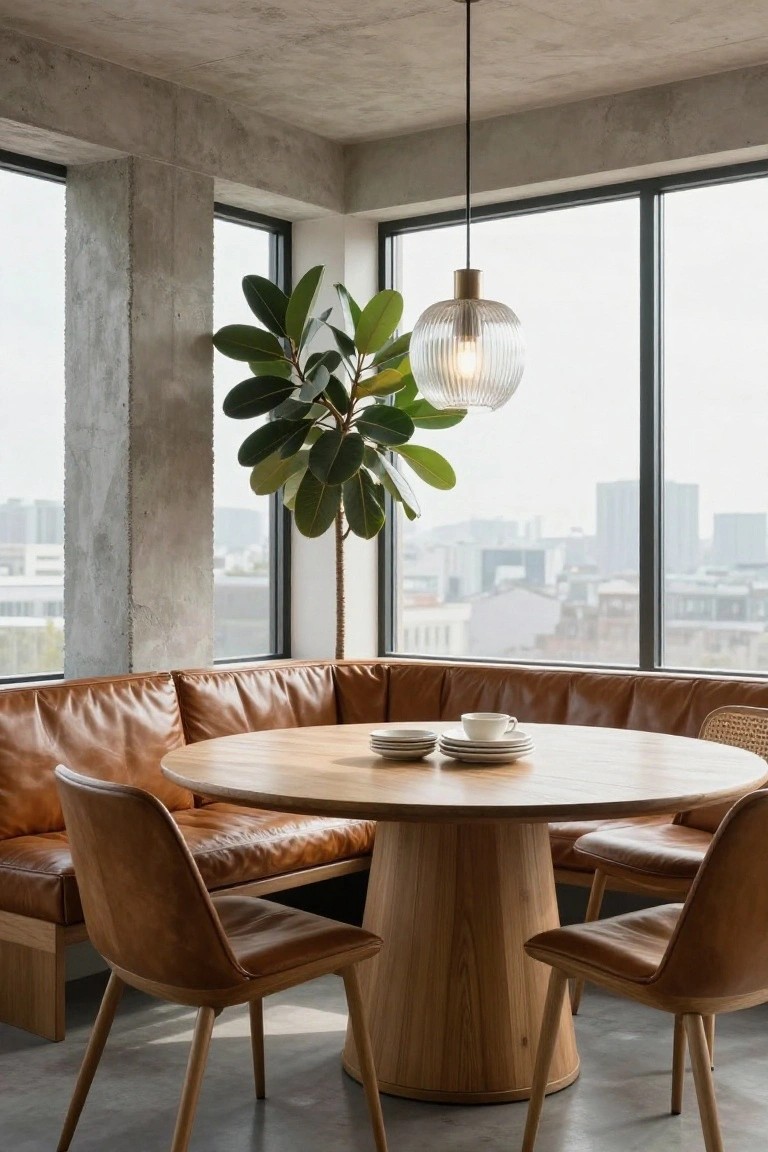 Tan leather corner booth seating wraps around a round wooden pedestal table in a concrete-walled room with large windows, a potted plant, pendant light, and cityscape view.