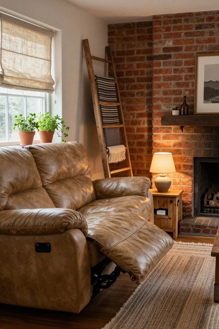 Tan leather two-seater recliner sofa in reclined position next to exposed brick wall, wooden ladder shelf with blankets, potted herb plants on windowsill, lamp and side table, and fireplace in a cozy living room.