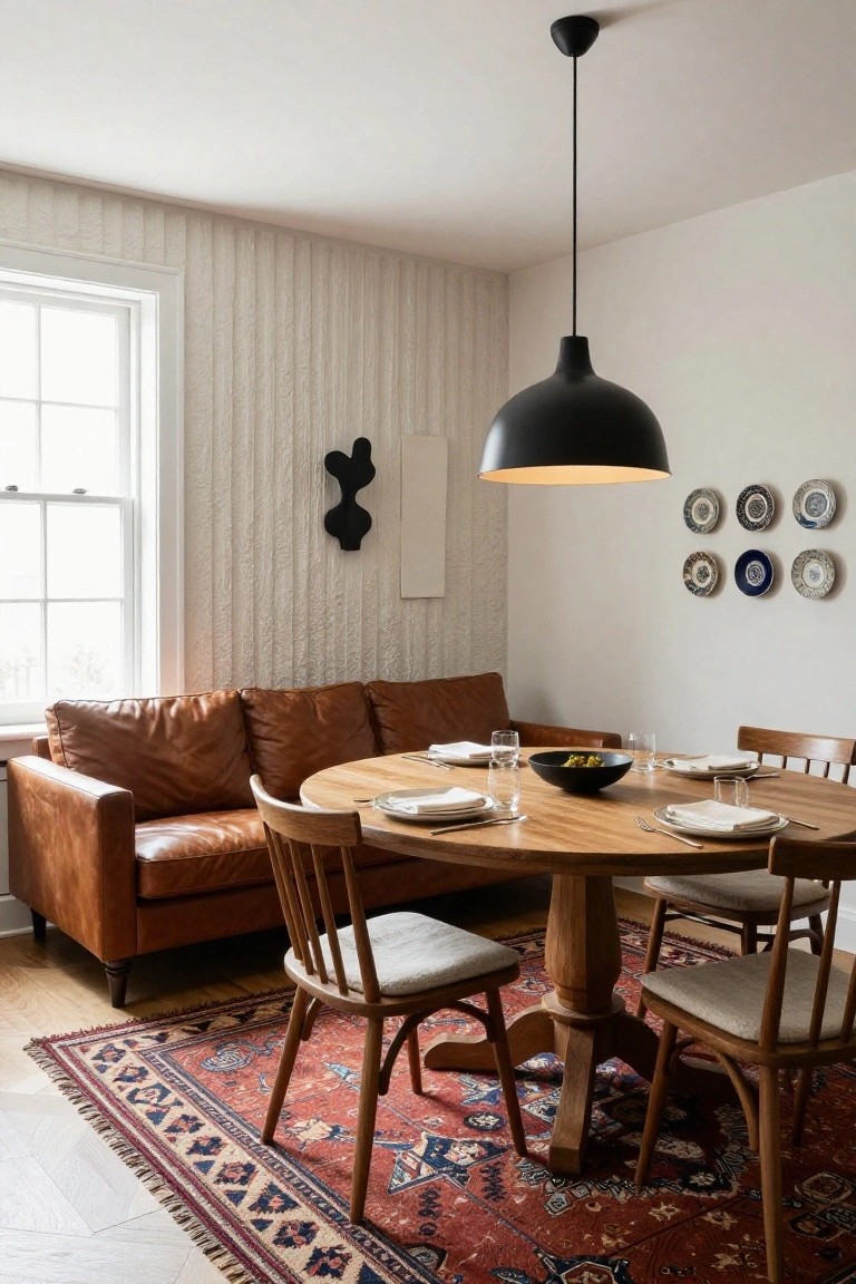 Tan leather sofa adjacent to round wooden dining table with four chairs, black pendant light overhead, textured white walls, wall art, and red patterned rug on wood floor.