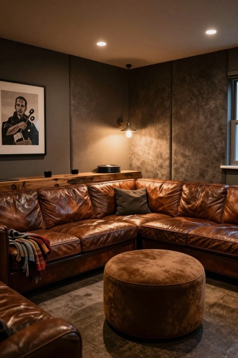 Corner L-shaped brown leather sofa with pillows and throws in a dimly lit room featuring gray textured walls, wooden shelf with glassware, and round pouf ottoman.