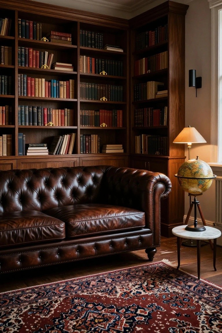 Brown tufted leather Chesterfield sofa positioned in a corner of a wood-paneled library room with tall bookshelves filled with books, a globe stand, table lamp, and Persian rug on the floor.