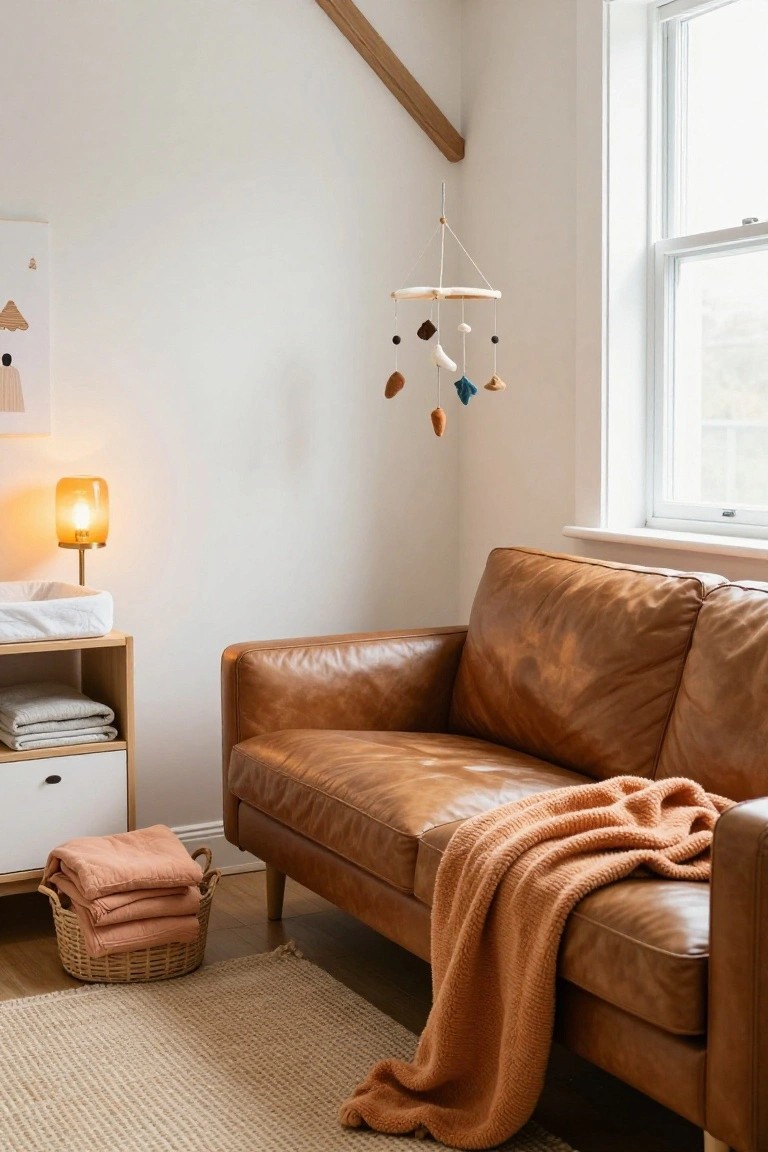 Nursery interior with a tan leather sofa draped in an orange knit throw, wooden changing table with white pad, hanging wooden mobile, glass table lamp, woven basket of towels, and neutral rug on light wood floor.