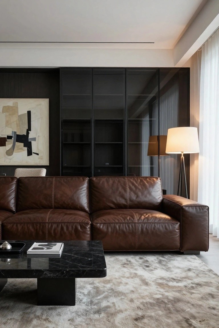 Modern living room with brown leather L-shaped sofa, black marble coffee table, glossy black glass-front cabinets, abstract beige and black painting, white floor lamp, and sheer curtains over large windows.