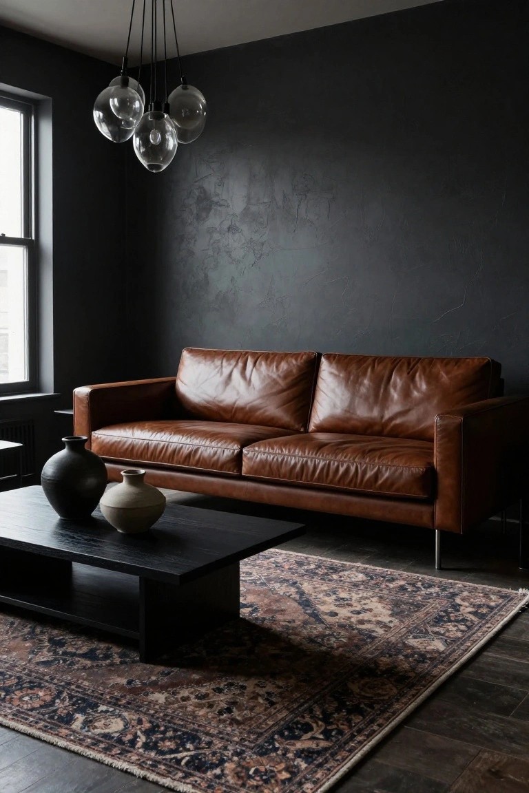 Modern brown leather sofa with vases on black coffee table in dark room.