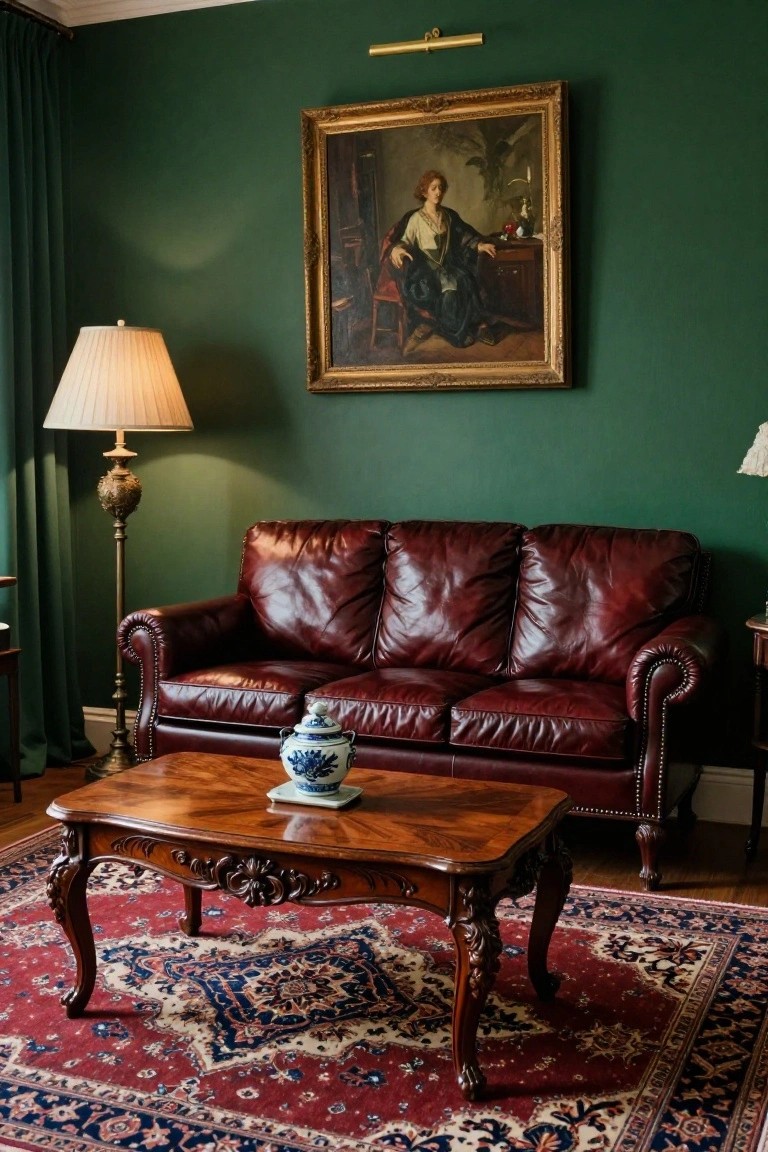 Emerald green living room with red leather tufted sofa, wooden coffee table topped by blue and white porcelain vase, brass floor lamp, another table lamp, and large framed oil painting of a woman on the wall.