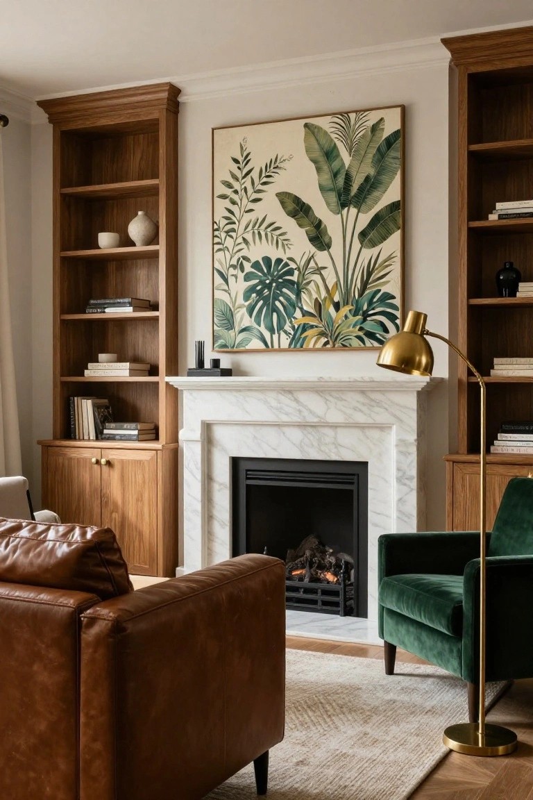 Living room featuring a brown leather sofa facing a lit marble fireplace flanked by tall wooden bookshelves, a green velvet armchair with gold floor lamp nearby, and a large framed tropical leaf artwork on the wall.
